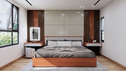 Fototapeta premium Serene Bedroom Retreat: A modern bedroom showcasing minimalist design with wooden accents. The serene space is inviting, and full of natural light through the windows.