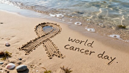 World Cancer Day Awareness Ribbon Drawn in Sand with Sea Water and Foam