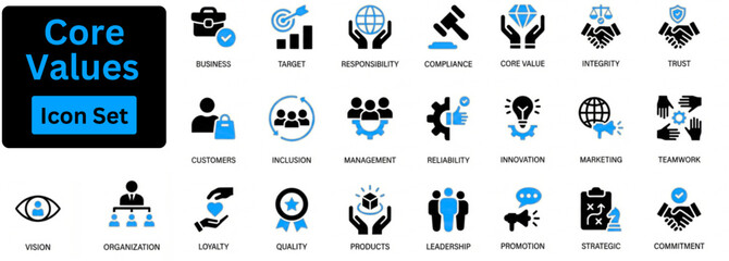 Core Values icon set. Business core values icon set contain sustainability, diversity, integrity, teamwork, innovation, transparency, leadership, and corporate social responsibility. Solid vector icon