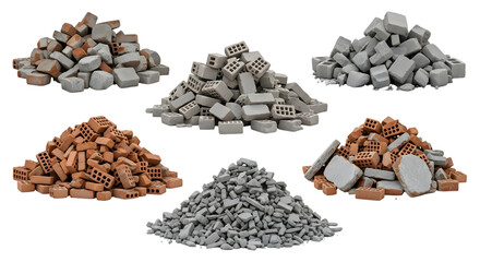 Piles of gray and orange bricks and rubble isolated on a transparent background gray bricks