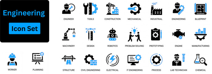 Engineering icon set featuring blueprint, engineer, tools, construction, mechanical, industrial, worker, engine, manufacturing and machinery icons. Solid vector icon. 