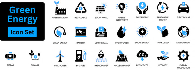 Green Energy solid icon set. Icon of solar, wind, renewable, alternative, eco, sustainable power. silhouette vector