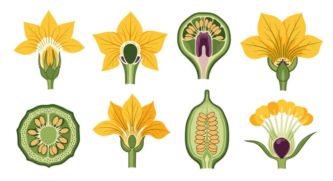 Detailed Botanical Illustrations of Yellow Flowers and Their Cross-Sections Showing Reproductive Parts