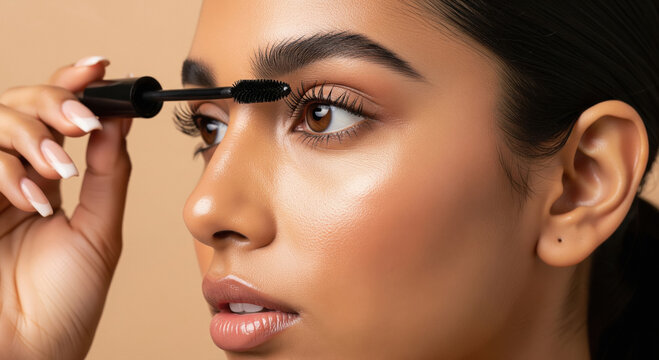 Beautiful Young Woman Applying Mascara to Her Eyelashes
