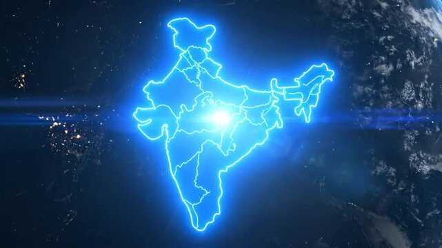 Glowing blue outline of the map of India against a dark space background.