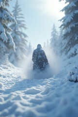 A solitary figure traverses a snow-covered winter wonderland, kicking up fresh powder
