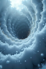 Ethereal frozen tunnel of swirling ice and glittering particles descending into a mystic abyss