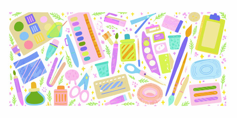 Colorful illustration of various makeup and beauty products scattered around