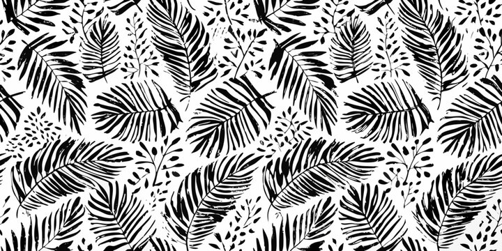 A seamless pattern of tropical leaves in black and white