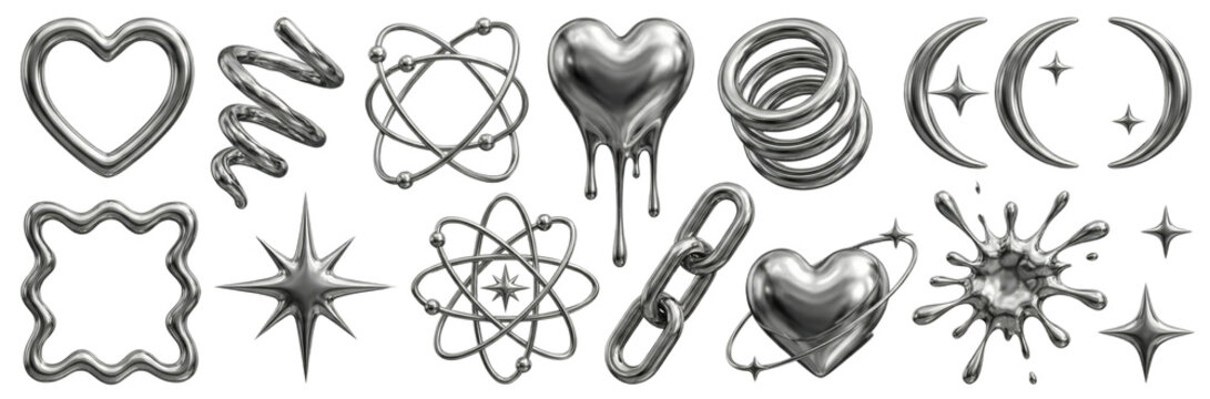 Chrome 3D Elements: Hearts, Moons, Stars, Atoms, Springs, Chain Link, Splat