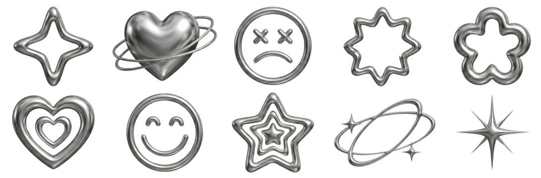 Silver Chrome Emoticons and Shapes: Heart, Star, Smiley, Sad Face, Flower, Orbiting Objects