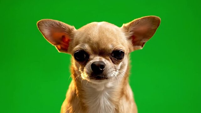 Close-up portrait of a cute fawn chihuahua dog with large ears against a vibrant green background.