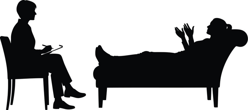 Silhouette of a psychoanalysis session with a therapist and patient on a couch, symbolizing mental health treatment.