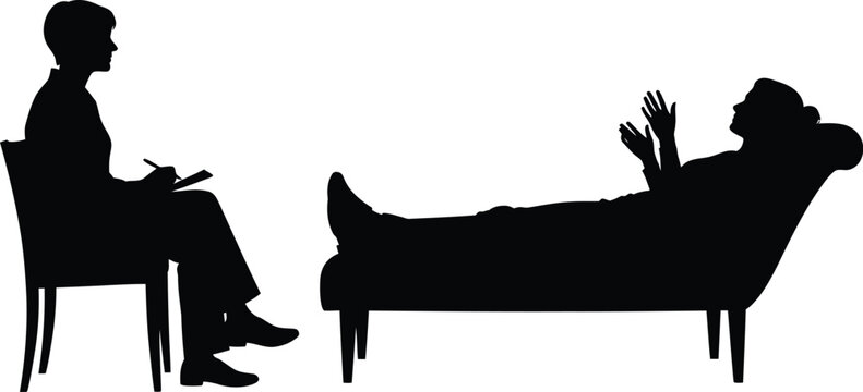 Silhouette of a psychoanalysis session with a therapist and patient on a couch, symbolizing mental health treatment.