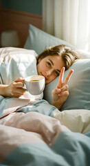 Peaceful morning A woman smiles in bed with a warm cup of coffee, a symbol of relaxation and a gentle start to the day