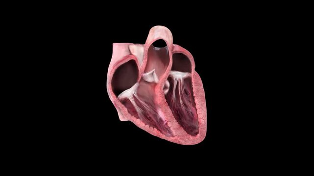 High detail 3D animation of human heart anatomy with chambers, valves and myocardium for medical education and cardiology use