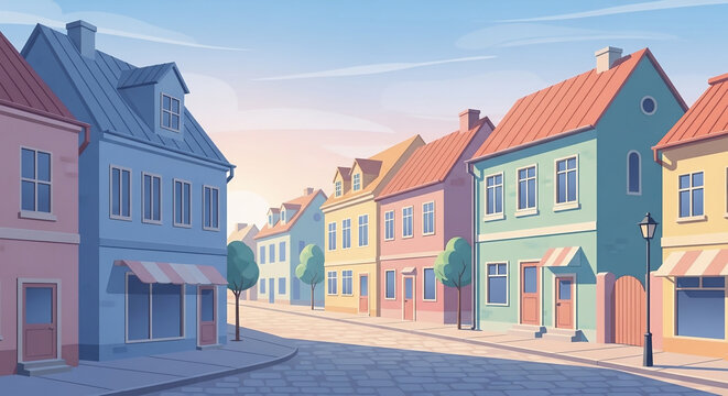 Charming European street scene with colorful buildings under a clear sky at sunrise