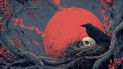 Obraz premium Raven on skull, red moon