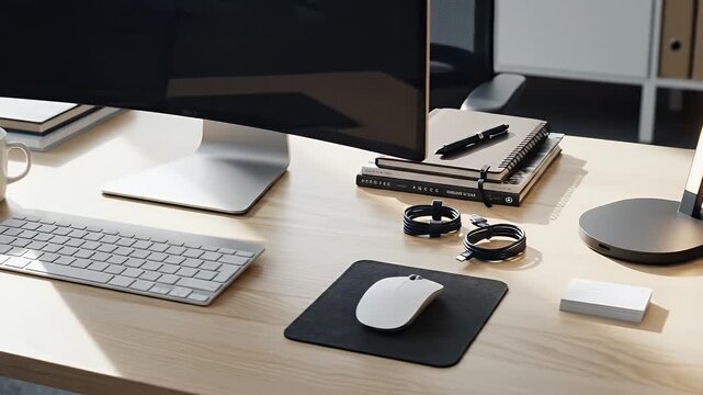 Modern office desk setup with computer, keyboard, and office supplies in a well-lit workspace