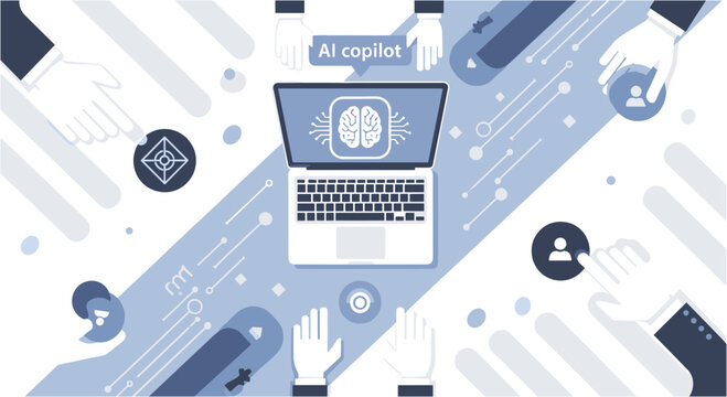 Team collaborating around AI copilot on laptop, symbolizing digital transformation and innovation