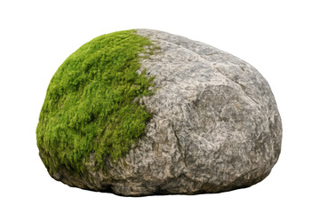Obraz premium Round gray rock with vibrant green moss growing on one side, isolated natural stone element with transparent background