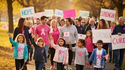 Obraz premium Joyful Participants Walk for Breast Cancer Awareness with Pink Ribbons