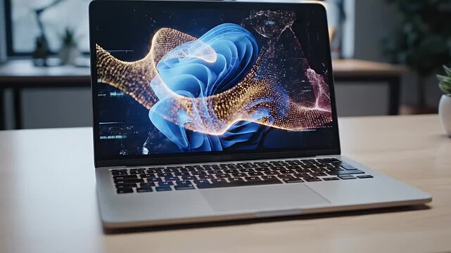 A laptop on a wooden table displays an abstract digital art with swirling blue and gold patterns in a modern office environment from a front viewpoint