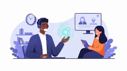 People interacting with digital interface and video call