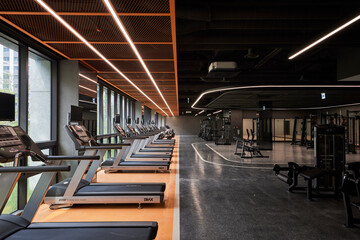 Rows of treadmills in a luxury high-tech fitness center gym