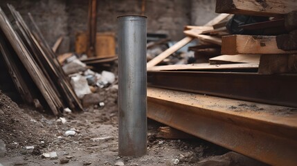 A solitary metal pipe stands upright amidst scattered construction materials and debris in an industrial indoor setting