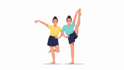 Two young athletes demonstrate synchronized gymnastic poses against a white background