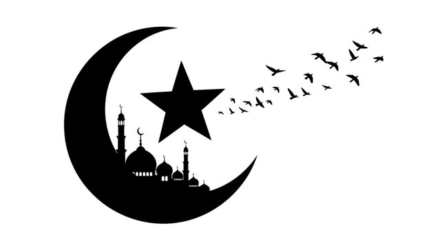 Islamic Crescent Moon Mosque Vector Silhouette &ndash; Eid Ramadan Religious Symbol, Ornamental Star, Birds, Cultural Heritage, Spiritual Decorative Vector Art for Design, Stock, Catalog, Portfolio