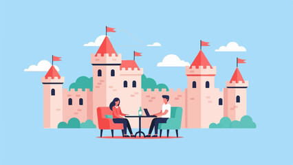 Obraz premium People working on laptops outside a cartoon castle on a blue sky