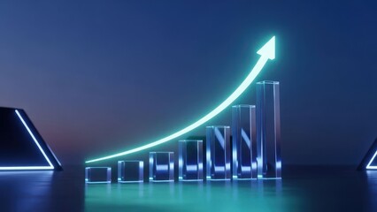 Ascending glass graph with glowing arrow on reflective surface