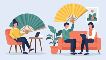 People using fans for cooling while working and relaxing indoors