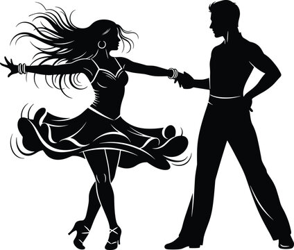Adobe Stock Title Artistic Black Silhouette of a Professional Couple Dancing Latin Salsa or Ballroom with Dynamic Flowing Hair Isolated on White Background