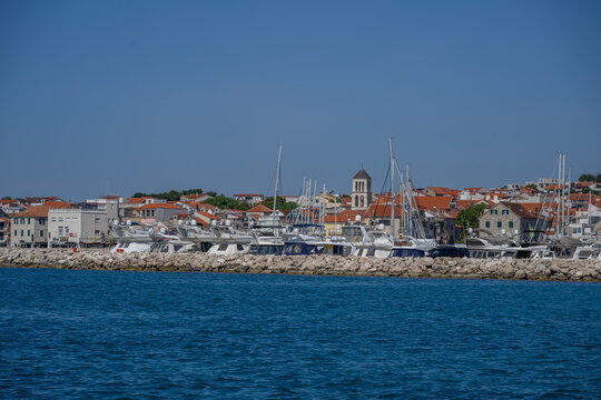 Vodice marina and waterfront with church tower in Croatia