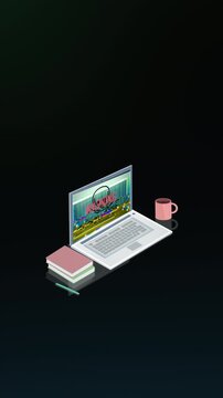 Isometric illustration showing a laptop with visible source code, books, and a coffee mug on a dark background, symbolizing programming, remote work, cybersecurity, and digital workflows.