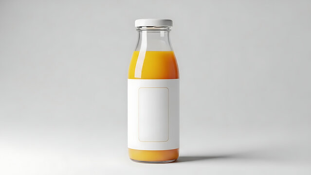 Glass bottle mock up with orange juice and white blank label against clean white background for beverage branding and liquid product packaging design