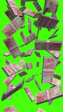 Vertical Guernsey Pound bills falling on chromakey, GGP cash rain