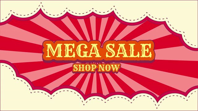 Animated Retro Pop Art Mega Sale Banner with Red Sunburst Background, Shop Now Text, and Vintage Circus Frame, Seamless Loop