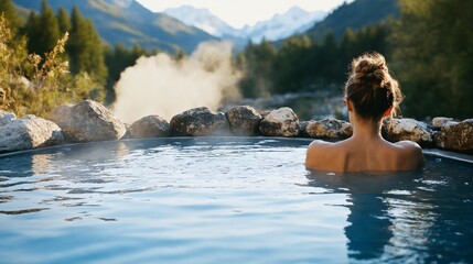 Fototapeta premium Woman in Hot Springs with Mountain View and Steam
