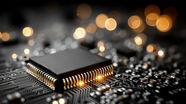 A detailed view of a microchip on a circuit board, intricate electronic components and connections. golden bokeh lights add a futuristic ambiance, emphasizing modern technology and innovation in elect