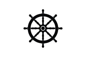 Ship steering wheel or helm icon in black on white background, nautical symbol illustration