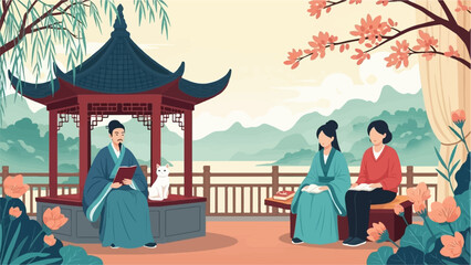 Naklejka premium Peaceful courtyard scene with scholars and a cat in traditional attire