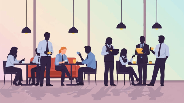 Silhouettes of professionals mingling and working in a bright, modern cafe setting