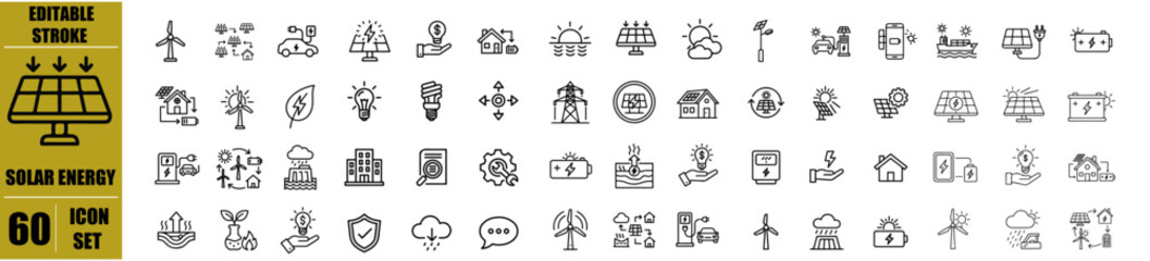 Solar Energy Editable Line Icons Set – Solar Panel, Sun, Renewable Energy, Electricity, Battery, Power Generation and Eco Friendly System Icons for Infographics and Web Design