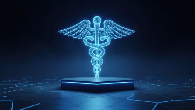 Glowing, wired caduceus on a small podium