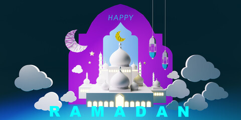 Islamic greetings Ramadan Kareem card design with beautiful lanterns and crescent moon. 3d render.