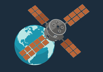 A satellite orbits Earth, showcasing meteorology and climate data. Modern, clean design with a global backdrop. Ideal for tech, science, and environmental themes. © Vector Factory